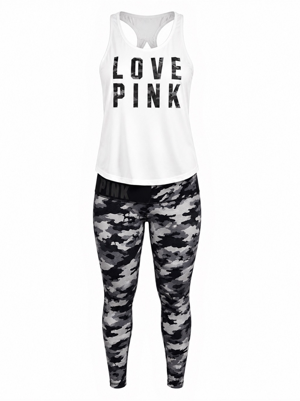 PINK Victoria's Secret White Tank with Gray & Black Camo Leggings
